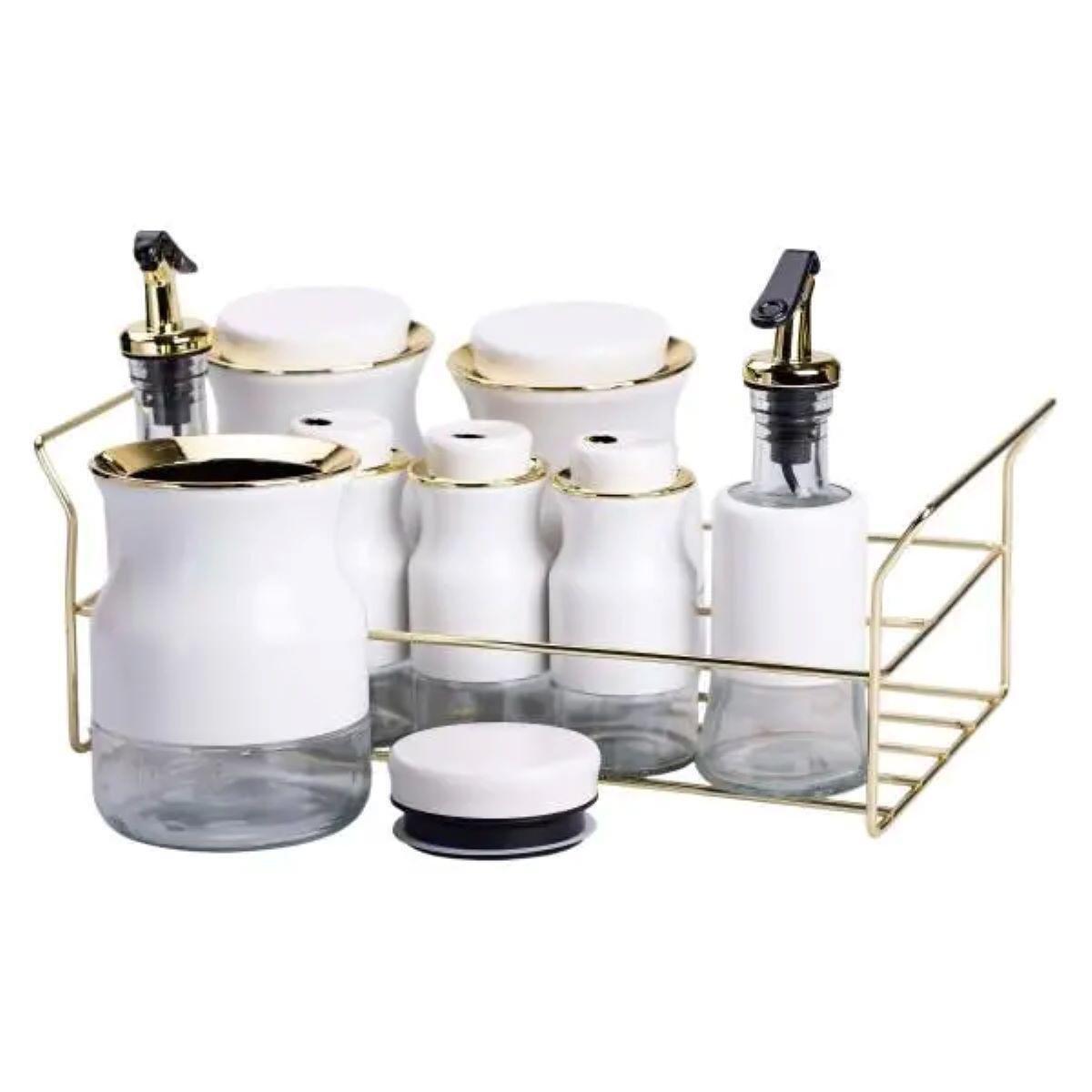 Набір для спецій на підставці з пляшками для олії та оцту 8 предметів Білий (HP-1360W) - фото 3