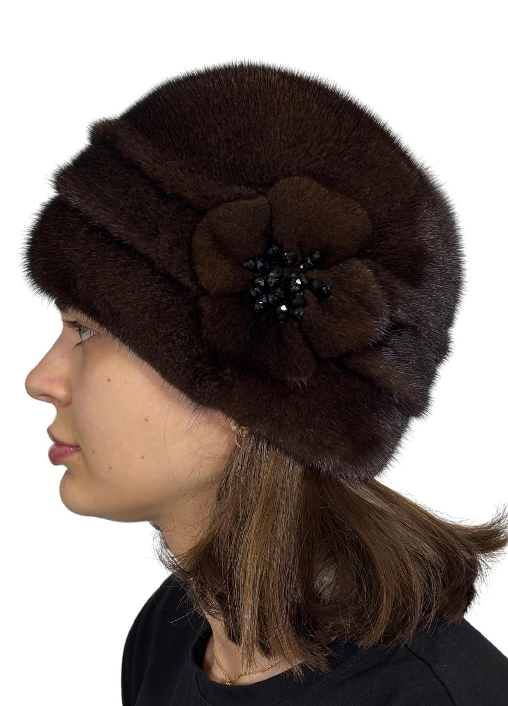 Женская шапка Меховой стиль Шарик из натурального меха норки Браун (044/H)