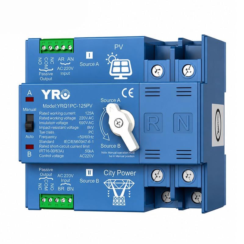 Переключатель ввода резерва автоматический YRO I-II 2P 125A 230V АВР для инвертора и панелей (YRQ1PC-125PV-2P-125A) Переключатель ввода резерва автоматический YRO I-II 2P 125A 230V АВР для инвертора и панелей (YRQ1PC-125PV-2P-125A)