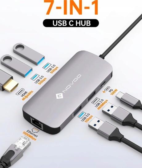 Зарядка для ноутбуков и планшетов MacBook Novoo R7 USB-C 7в1 HDMI 4K USB 3.0 SD/TF PD - фото 2 Зарядка для ноутбуков и планшетов MacBook Novoo R7 USB-C 7в1 HDMI 4K USB 3.0 SD/TF PD - фото 2