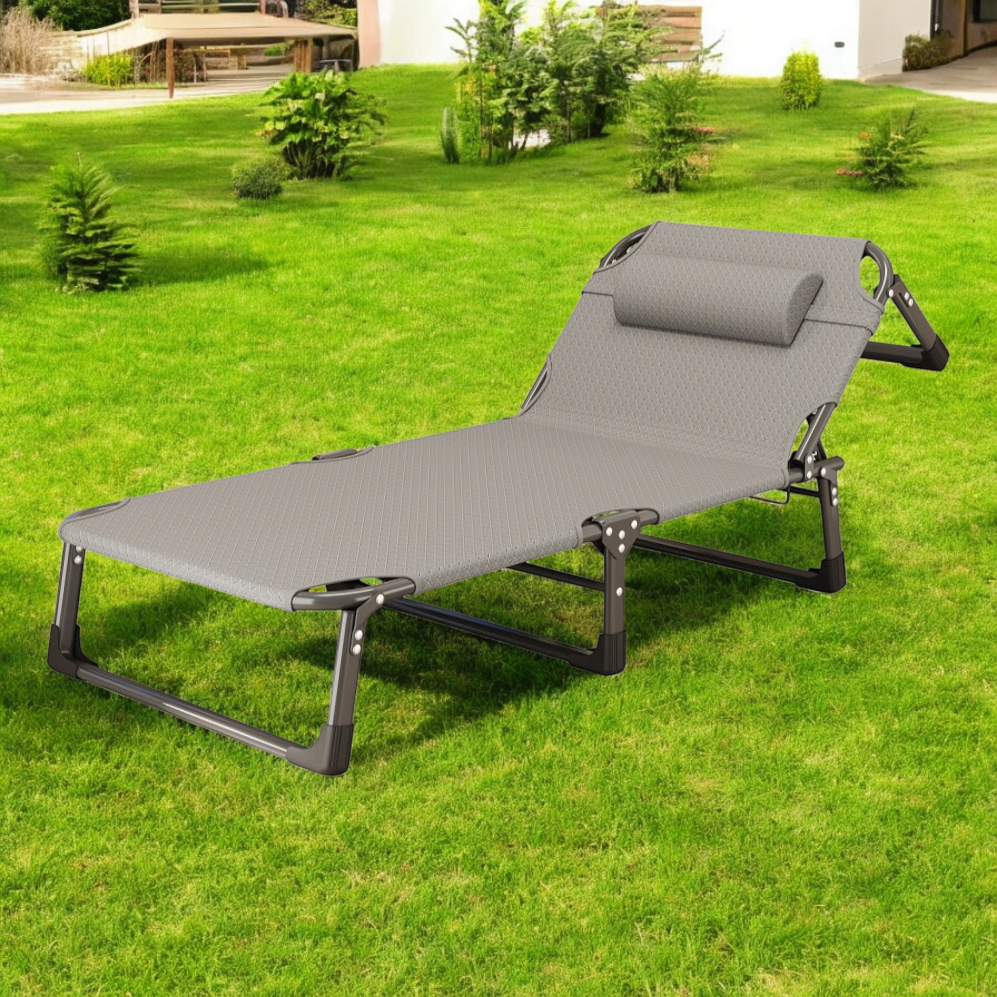 Шезлонг розкладний WCG FB-S04 із підголівником зі сталевим каркасом Чорно-сірий (FB-S031) - фото 1 Шезлонг розкладний WCG FB-S04 із підголівником зі сталевим каркасом Чорно-сірий (FB-S031) - фото 1