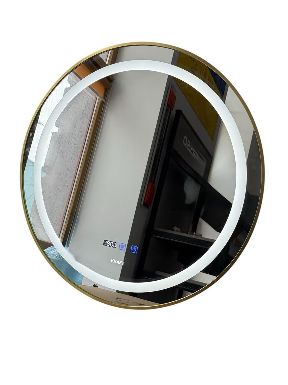 Зеркало Kraft круглое в золотой рамке с LED-подсветкой часами и антизапотеванием 70 см