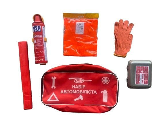 Набір для авто 6в1 сумка/вогнегасник 1кг/знак аварійки/аптечка/жилетка/рукавиці (86528)