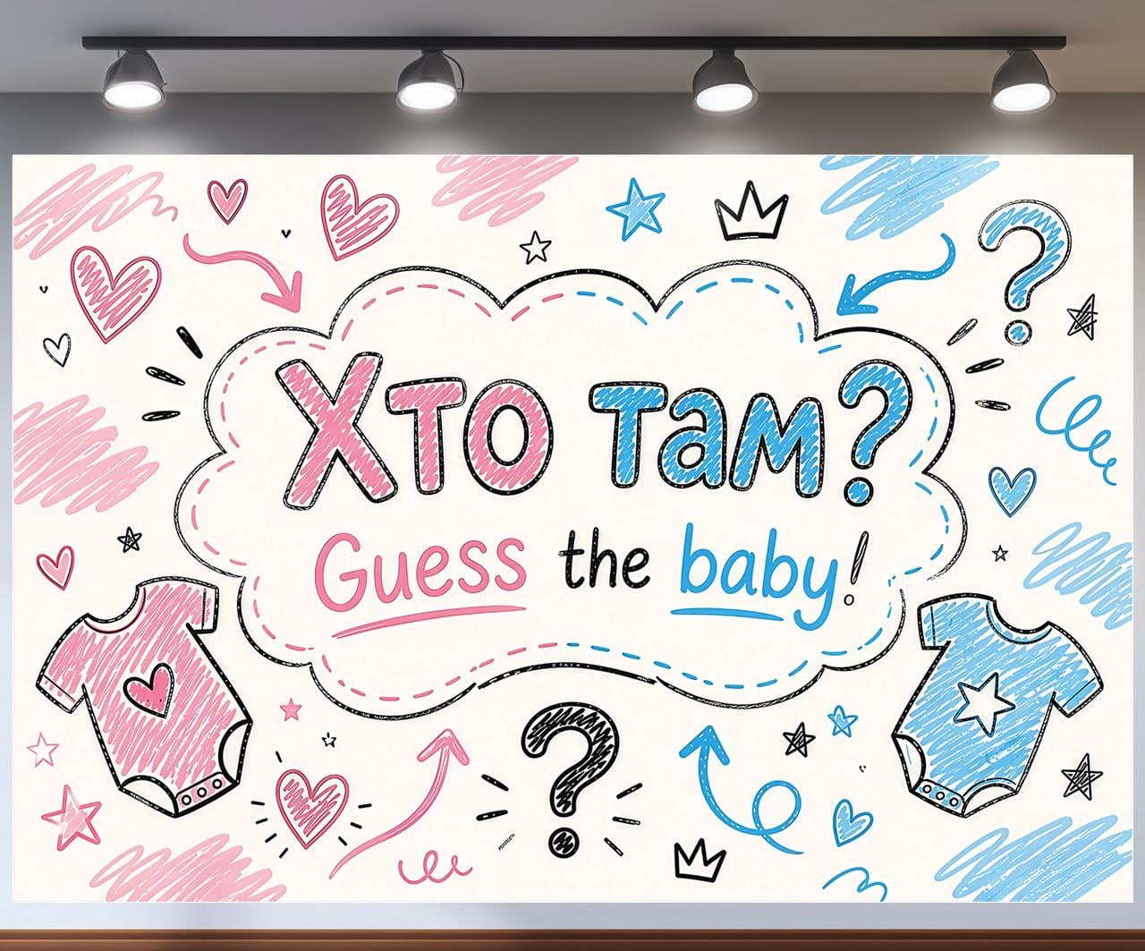 Баннер для фотозоны Кто там Guess the baby в стиле меловых рисунков 240x160см, №48820 Баннер для фотозоны Кто там Guess the baby в стиле меловых рисунков 240x160см, №48820
