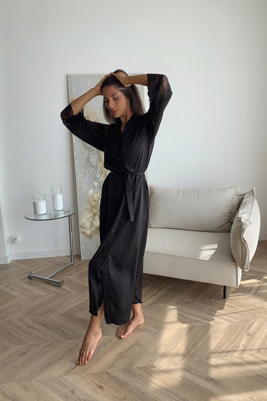 Халат женский Julia Ulich с кружевным рукавом шелк-сатиновый XL Черный (4120_25) - фото 3 Халат женский Julia Ulich с кружевным рукавом шелк-сатиновый XL Черный (4120_25) - фото 3