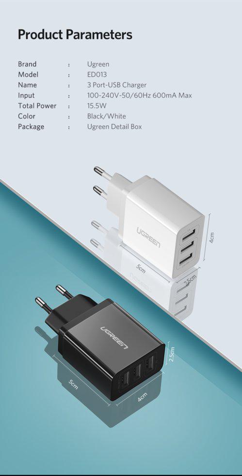 Зарядное устройство сетевое UGREEN ED013 3хUSB White (50817) - фото 17 Зарядное устройство сетевое UGREEN ED013 3хUSB White (50817) - фото 17