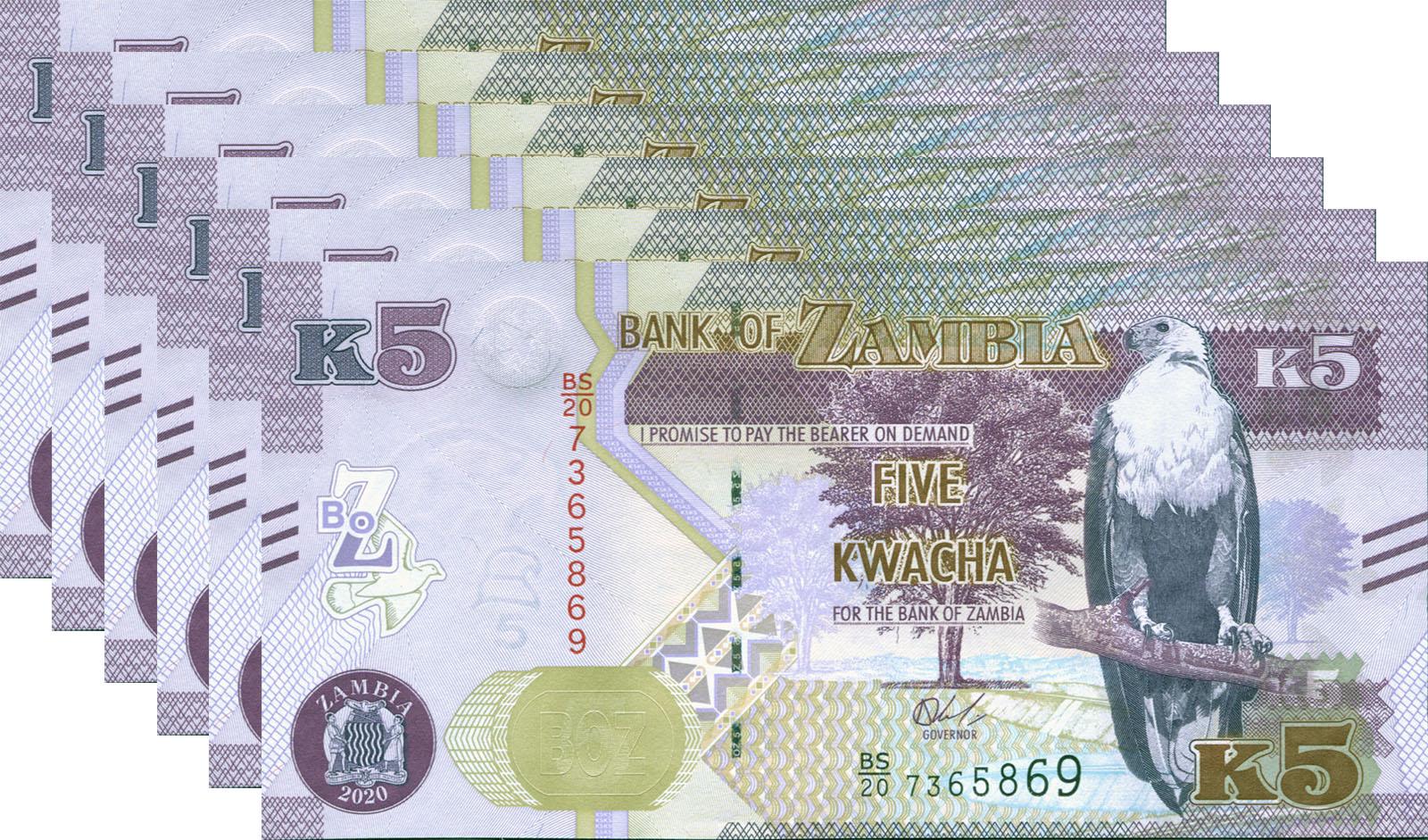 Коллекционная банкнота Замбия 2020 5 квач 6 шт. UNC