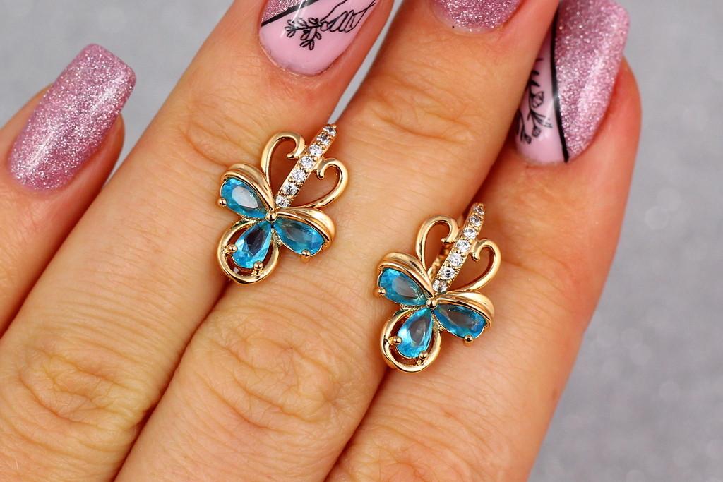 Серьги Xuping Jewelry Трехлистник с голубыми камнями 1,7 см Золотистый (1528953060)
