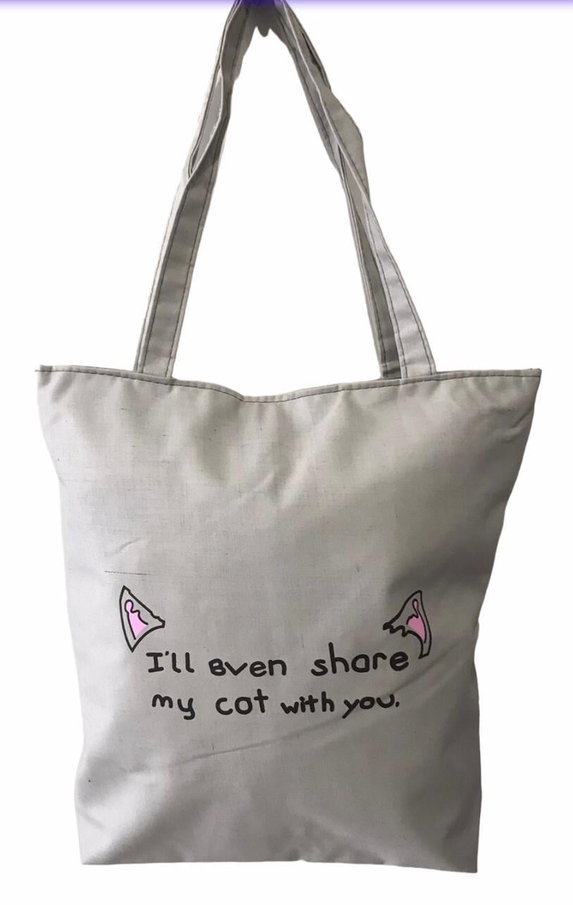 Шопер женский тканевый повседневный на молнии ушки кота Серый (026AA)