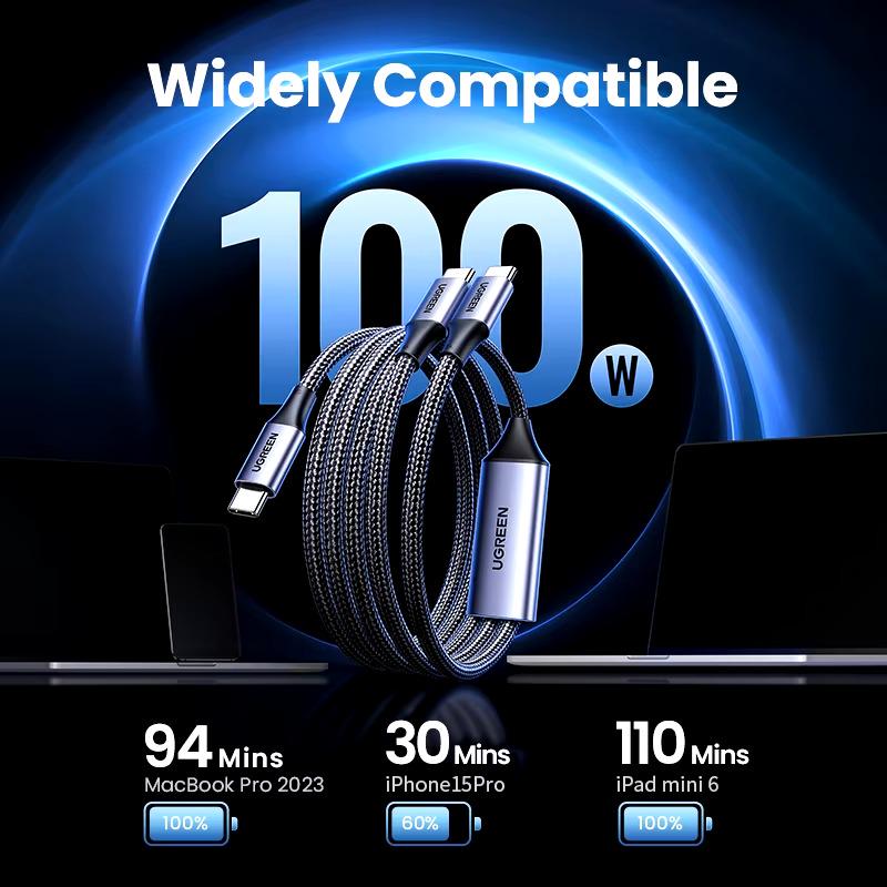 Кабель для быстрой зарядки 2в1 UGREEN US561 Type-C на 2 Type-C Universal PD 100W 5A 1,5 м Gray (35087) - фото 2