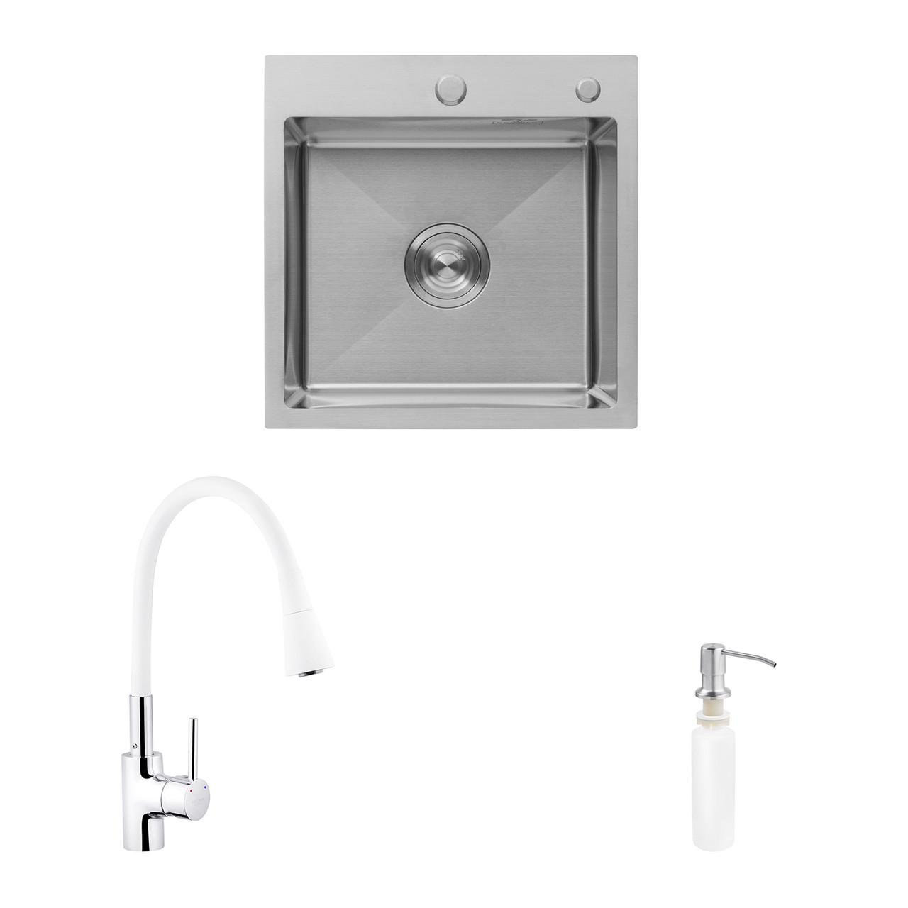 Комплект кухонная мойка Kroner Gebürstet-5050HM/смеситель Küche-C031WHI/дозатор Spender-016 (2669564677)