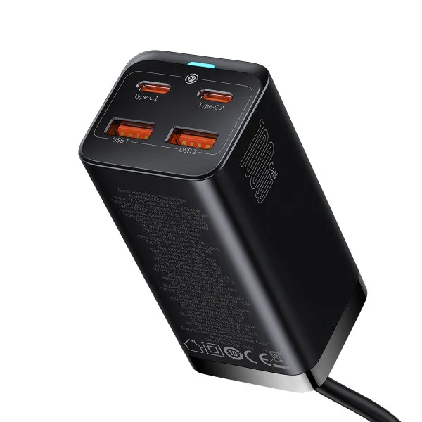 Блок питания BASEUS GaN3 Pro 100W 2xUSB 2xType-C Quick charge и кабель USB-C 100W Black