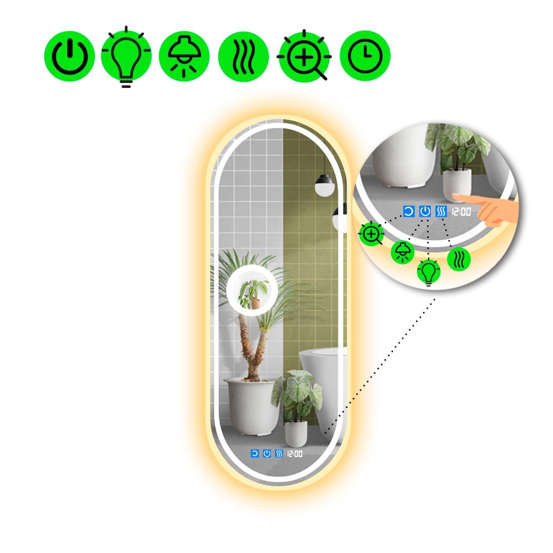 Зеркало с LED подсветкой Portale 4 с тремя сенсорами/часами/подогревом и линзой с подсветкой 140x55 см (8776680)