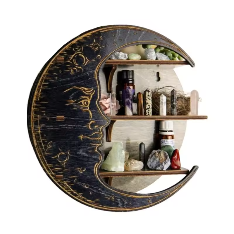 Полка настенная Луна деревянная с 3 полками для украшений и декора Black