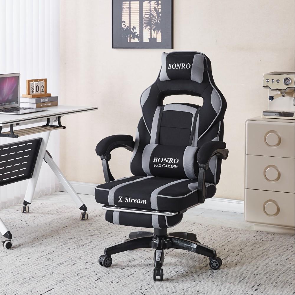 Крісло геймерське з тканини Bonro B-141 з підставкою для ніг Сірий (42401110)