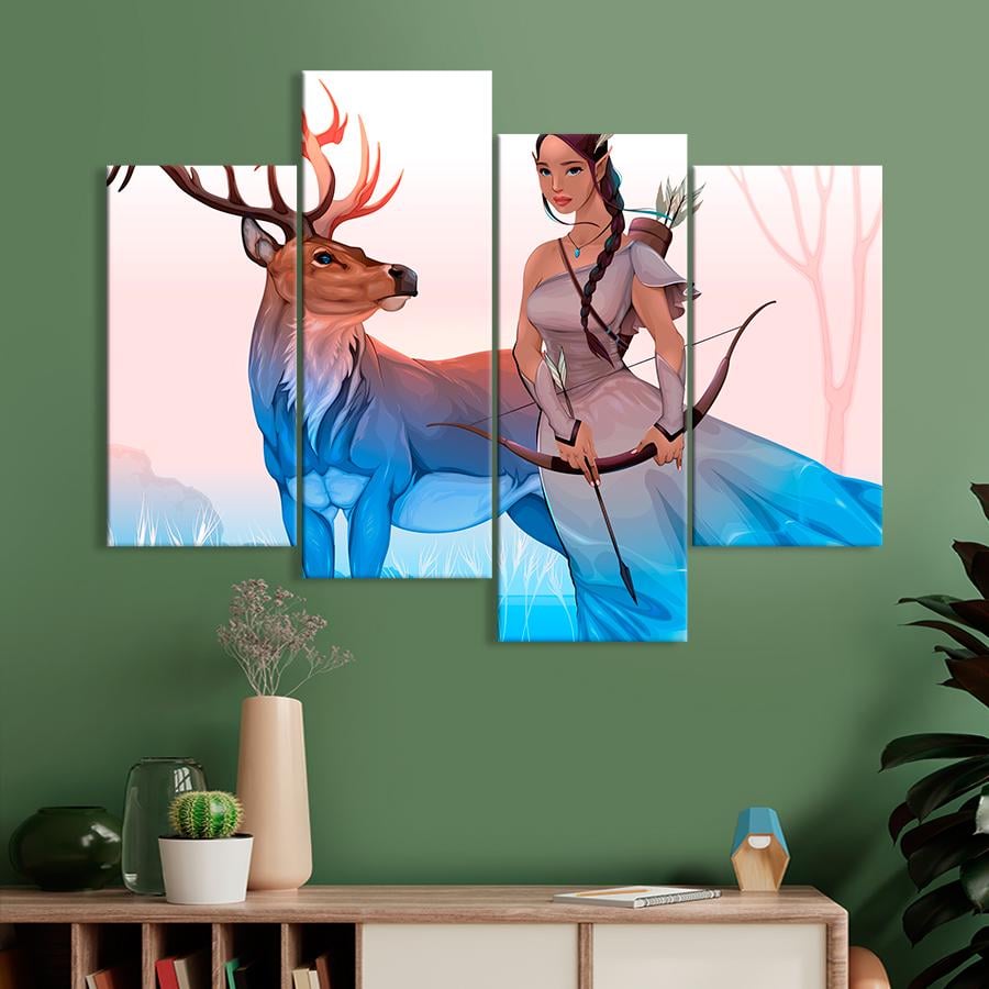 Картина в детскую комнату Красивая лучница и олень 89x56 см (A1446-4)