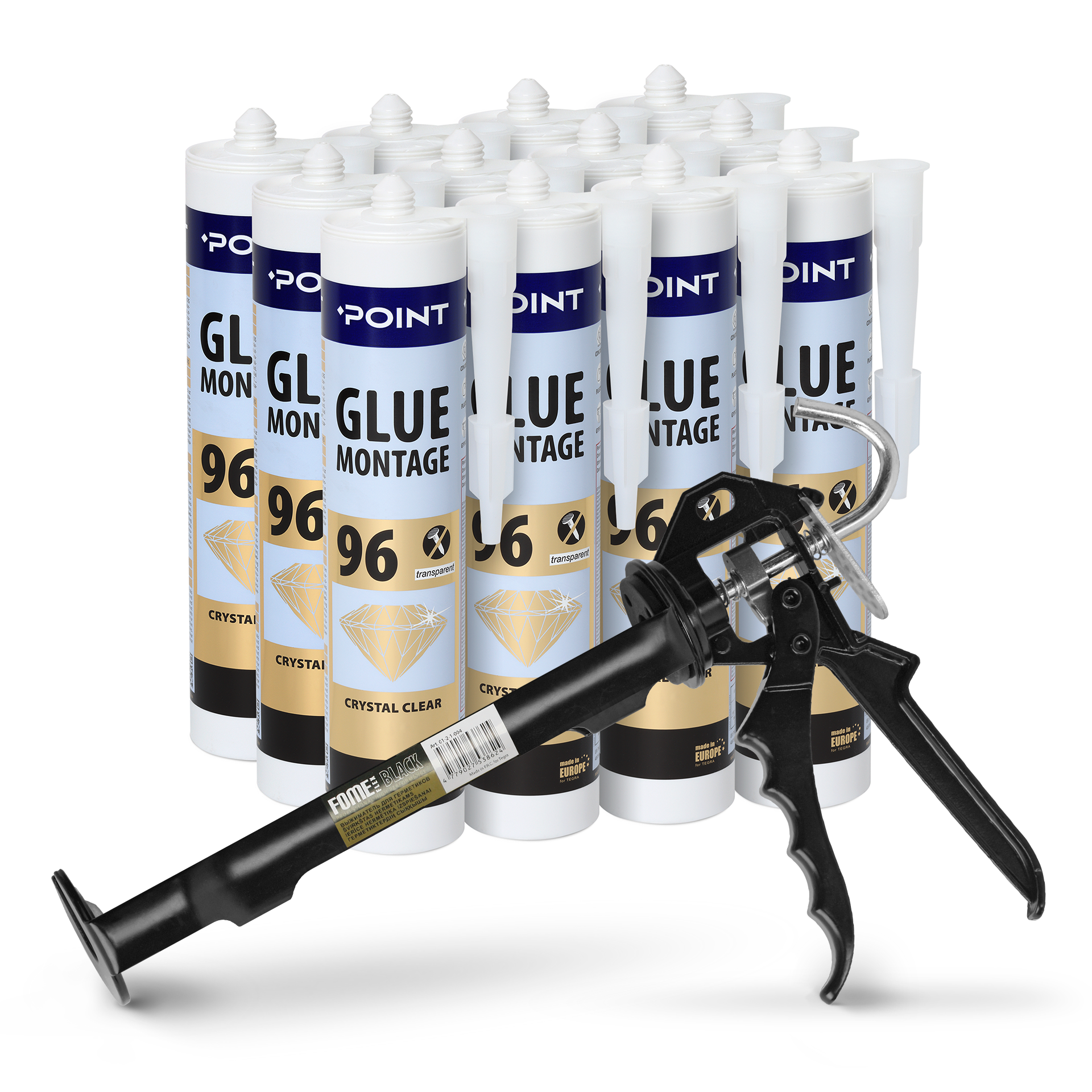 Клей монтажний з пістолетом Point 96 каучуковий еластичний універсальний 280 мл/12 шт. Прозорий (03-1-0-296-12)