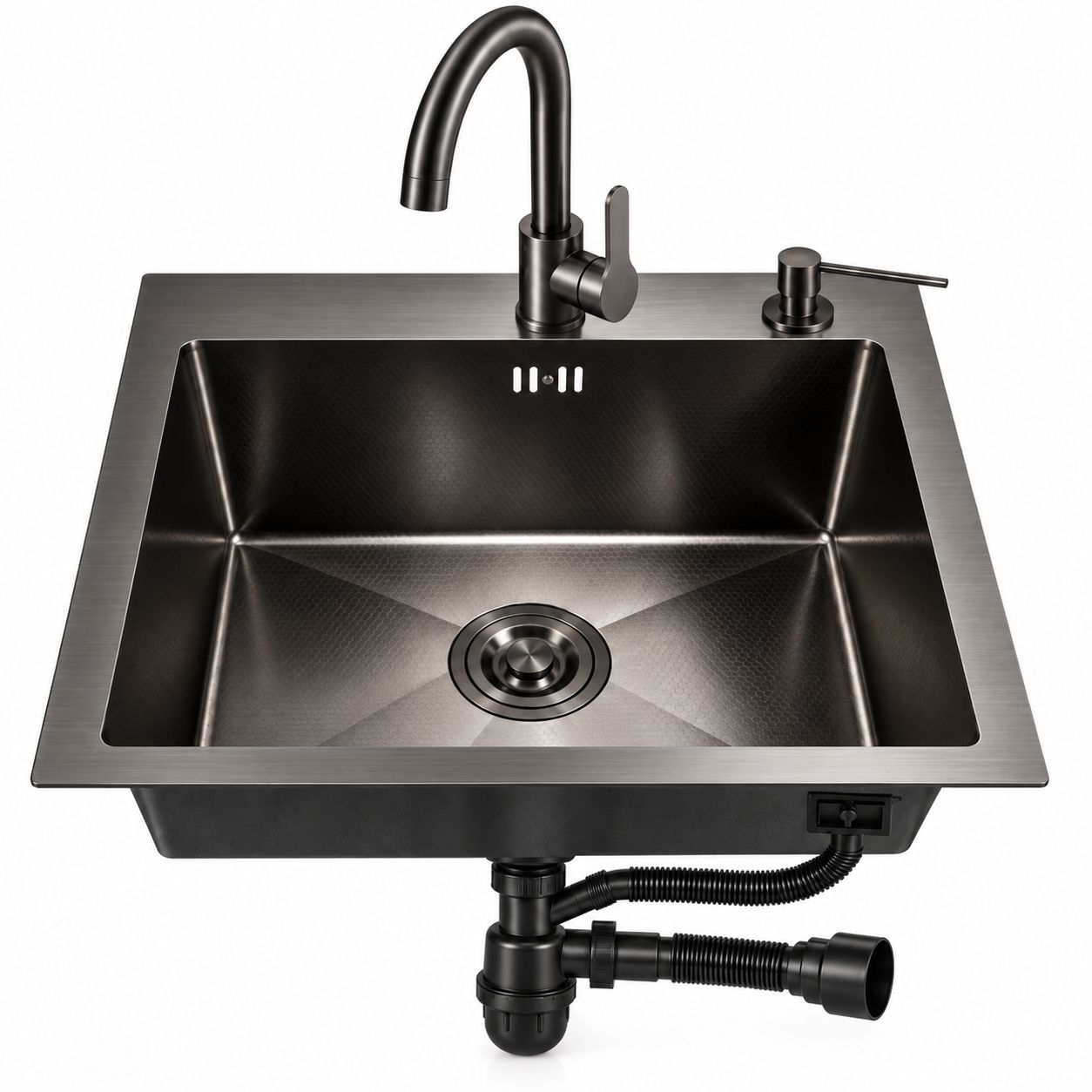 Кухонная мойка DECOR ECN 50/50 см из нержавеющей стали PVD с микродекором в комплекте со смесителем сифоном и дозатором Графитовый (DPV5050D)