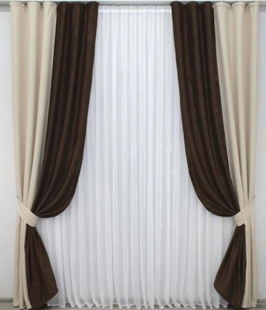 Шторы в гостиную/спальню лен/рогожка 1,5х2,7 м 2 шт. Холодный бежевый/Венге (014дк/1080-687ш)