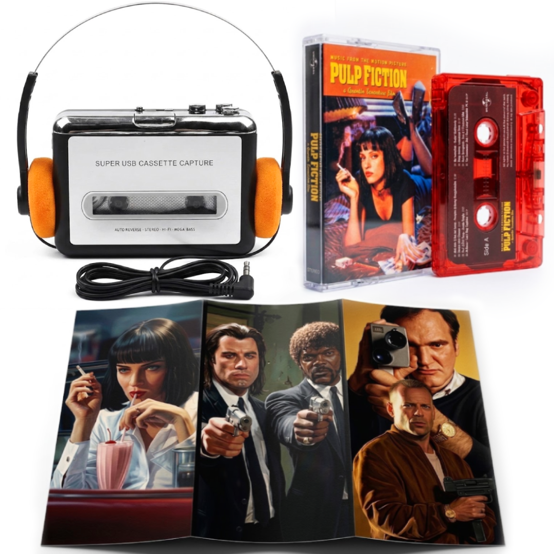 Плеер кассетный Logilink/аудиокассета Pulp Fiction из фильма Квентина Тарантино/ретро наушники/постер Уголовное Чтиво 4в1 Grey Deluxe (MK001111)