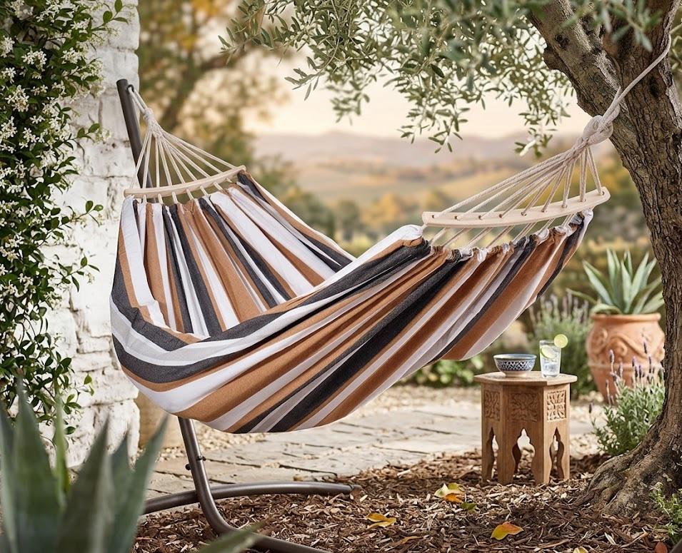 Гамак двухместный подвесной с деревянной планкой до 200 кг с чехлом для сада и дома