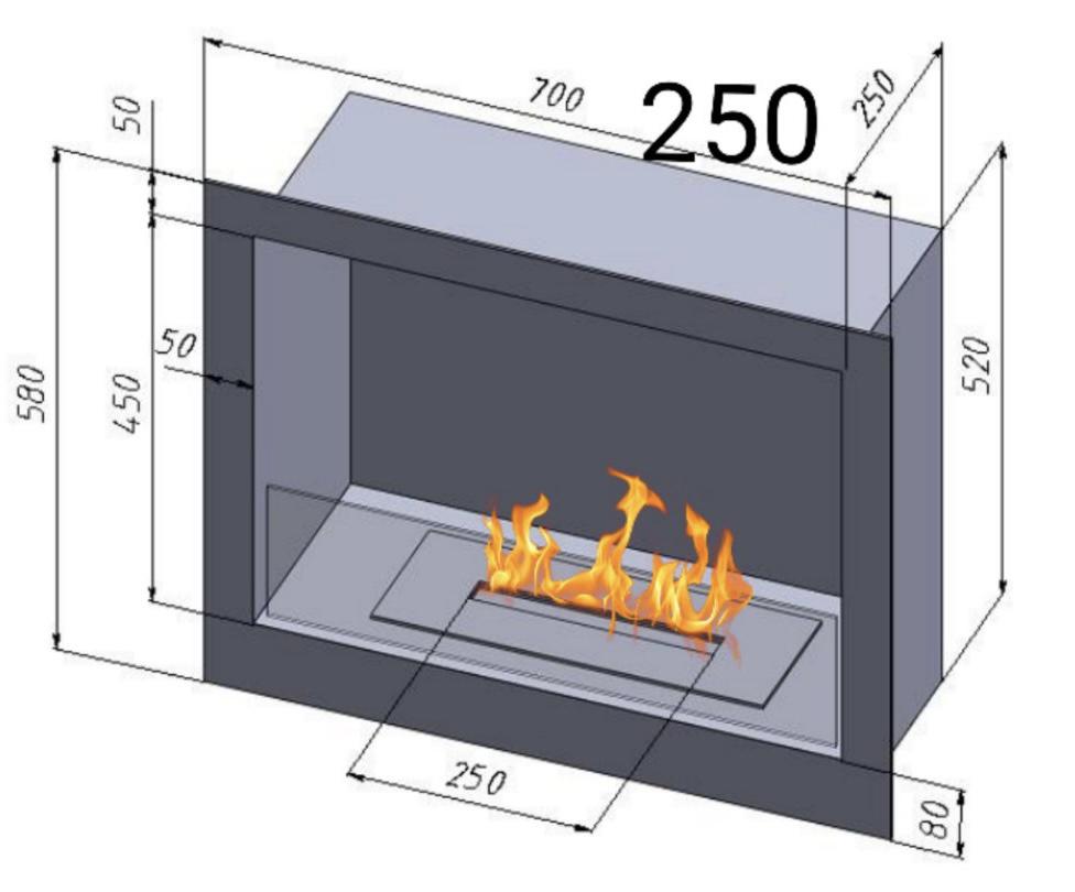 Біокамін вбудований класичний з пальником та захисним склом лінія вогню 250 мм довжина корпусу 700 мм - фото 12