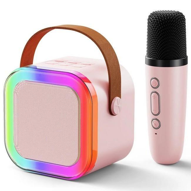 Портативная колонка K12 с RGB подсветкой мини-детское караоке с микрофоном Розовый (8918)