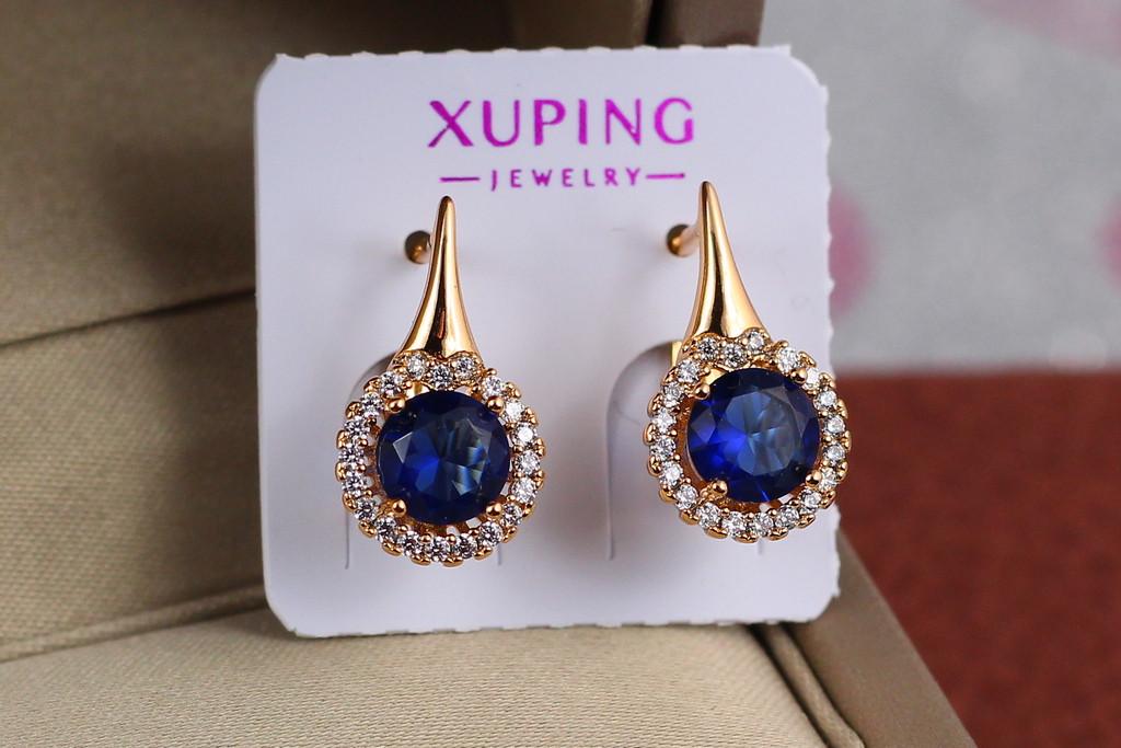 Серьги Xuping Jewelry Синий камень в ободке из мелких фианитов 1,6 см Золотистый (1594096204)