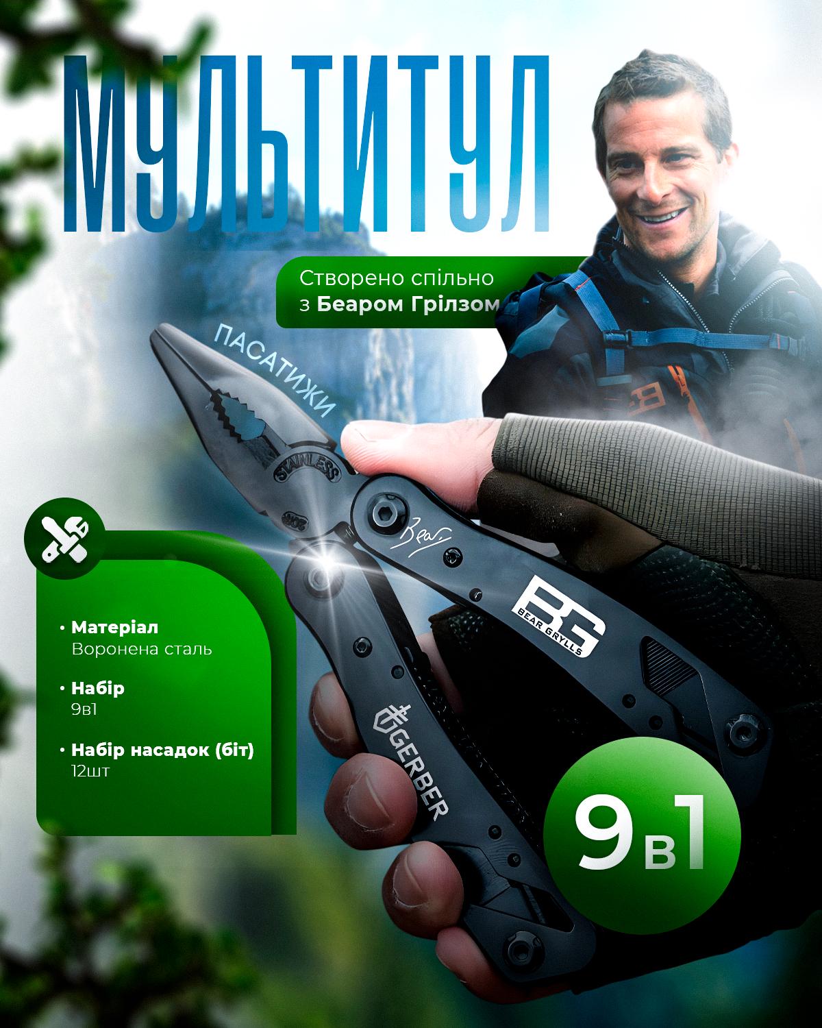 Мультитул Gerber Bear Grylls BG-818 9в1 ніж/пасатижи/набір біт та чохол Black (23523256) - фото 2