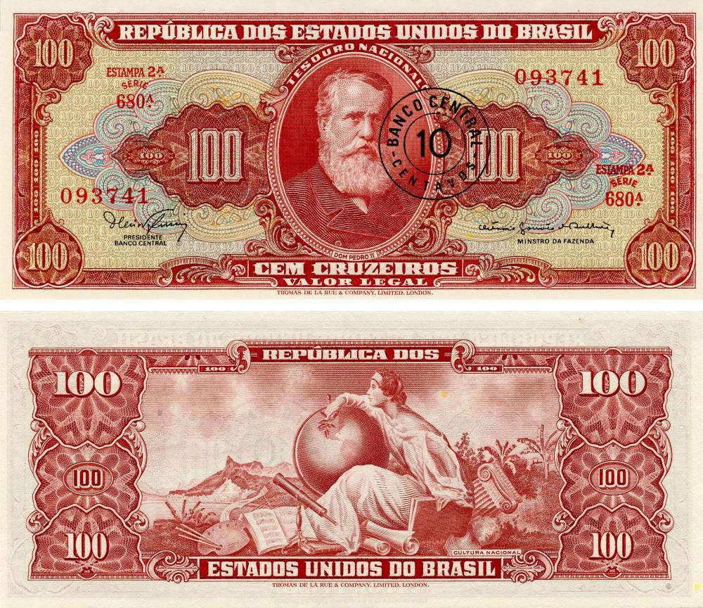 Коллекционная банкнота Бразилия 10 сентаво 1966-1967 AU-UNC 100 крузейро P185a (Б15876)