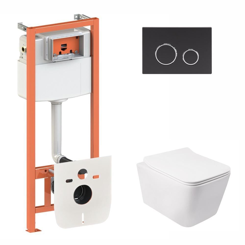 Комплект для ванной комнаты Qtap подвесной унитаз Crow Rimless и комплект установки Nest 4в1 круглая клавиша Black mat (2610409890)