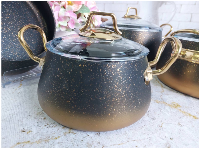 Набір посуду зі сковорідкою OMS з антипригарним покриттям для індукціі 7 предметів Золотий (3041-gold) - фото 3 Набір посуду зі сковорідкою OMS з антипригарним покриттям для індукціі 7 предметів Золотий (3041-gold) - фото 3