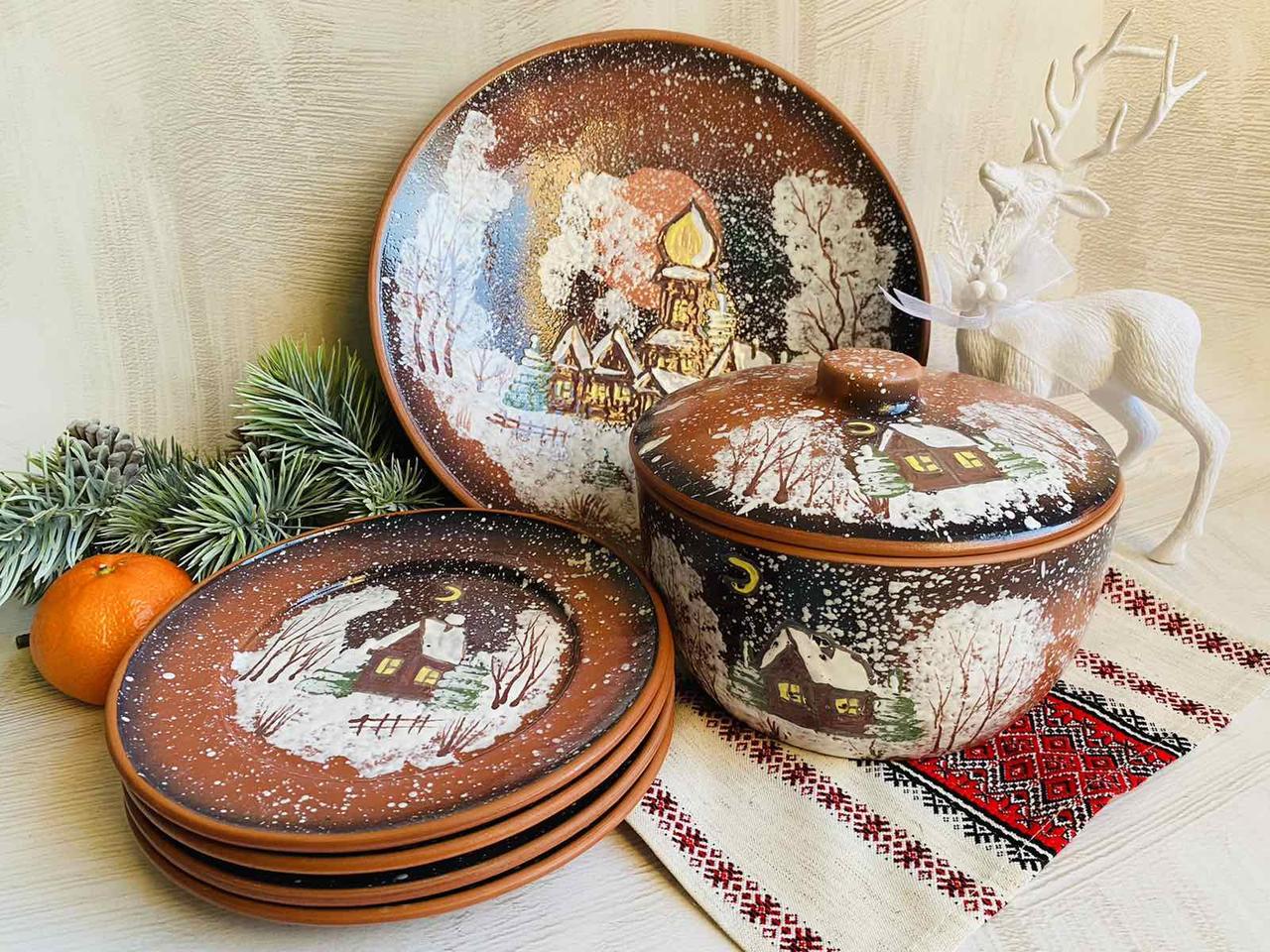 Набор украинской глиняной посуды Зима 4 персоны