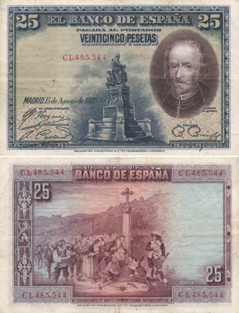 Коллекционная банкнота Испания 25 песет 1928 F-VF Из оборота P74 (Б08759)