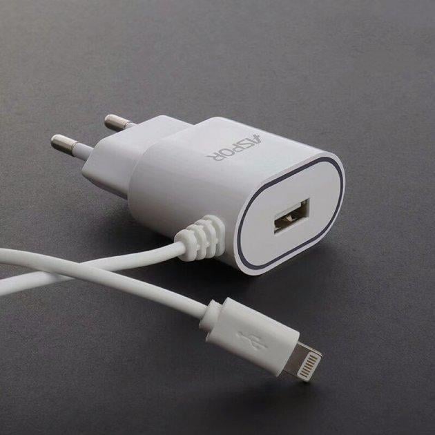 Зарядний пристрій мережевий Aspor A802 1USB 1A LED з USB-кабелем Lightning Білий (1858272802)