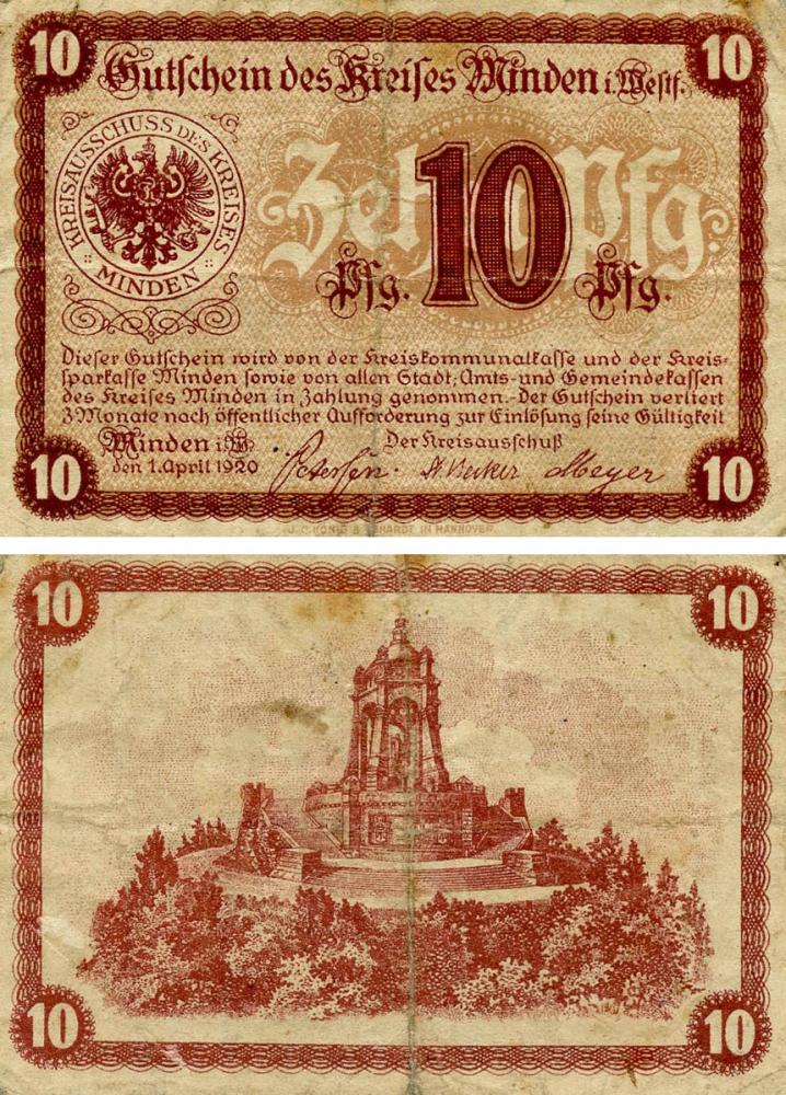Коллекционная банкнота Германия Нотгельд 10 пфеннигов 1920 F-VF Минден (Б18467)