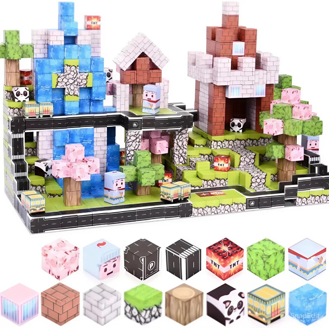Конструктор магнитный Майнкрафт Дорога в лесу с водопадом и строительством 100 дет.
