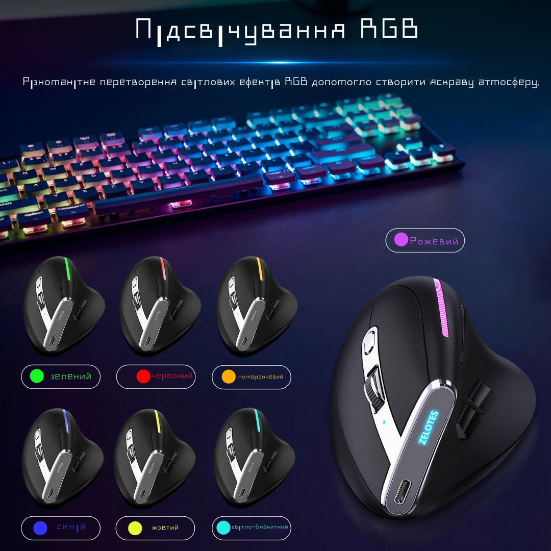 Миша вертикальна Zelotes F-36 бездротова з акумулятором і RGB підсвічуванням 2 4G/Bluetooth (2333220147) - фото 4