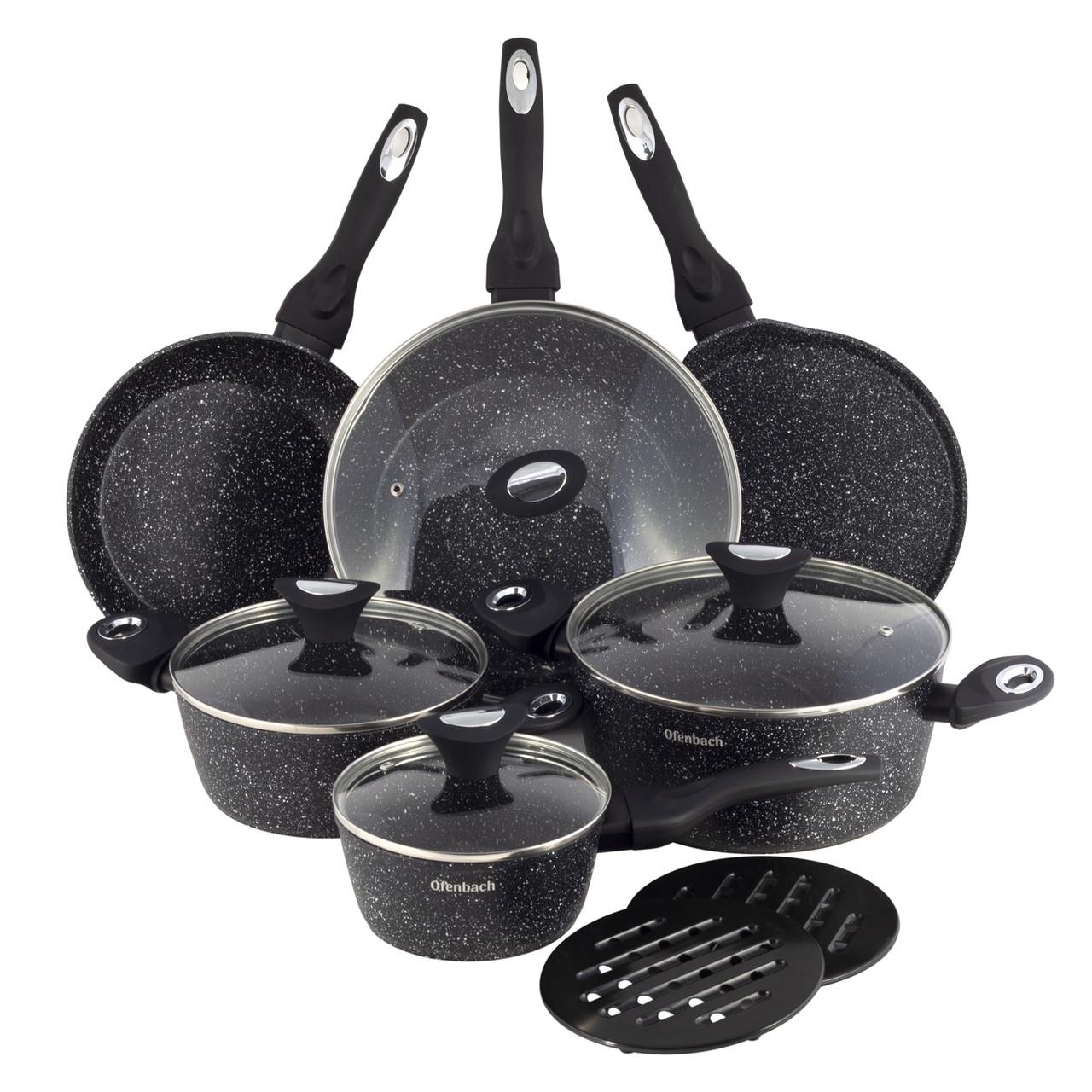 Набор посуды со стеклянными термостойкими крышками и подставками Ofenbach КМ-100520 из литого алюминия из 12 предметов Черный мрамор (150-84-100520)