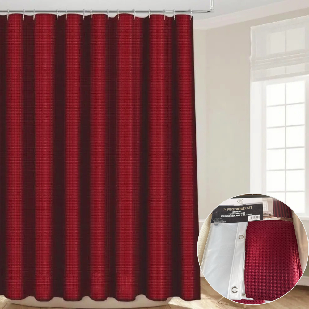Набор шторка для ванной и двойная душа с подкладкой с крючками узор 178x183 см Бордовый - фото 2