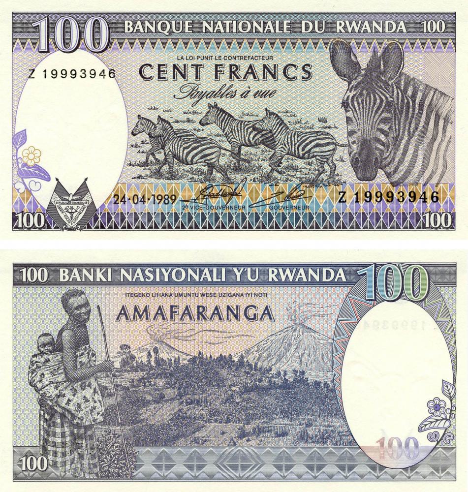 Коллекционная банкнота Руанда 100 франков 1989 UNC Зебры P19 (Б13371)