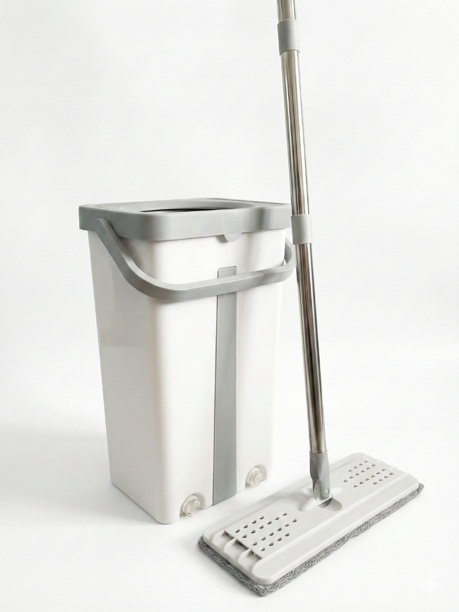 Комплект ленивая швабра со складной ручкой и ведром для отжима 5 л Белый/Серый (220011682)
