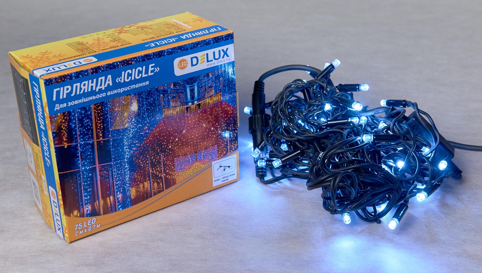 Гирлянда наружная Delux Icicle 75 LED бахрома 2x0,7 м 18 flash IP44 EN Белый/Черный (90012952) Гирлянда наружная Delux Icicle 75 LED бахрома 2x0,7 м 18 flash IP44 EN Белый/Черный (90012952)