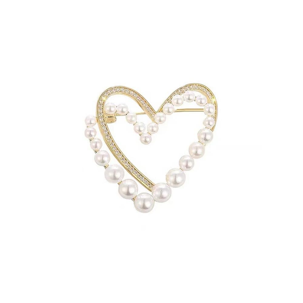 Брошь Сердце с искусственным жемчугом Золотистый с белым (3000004171)