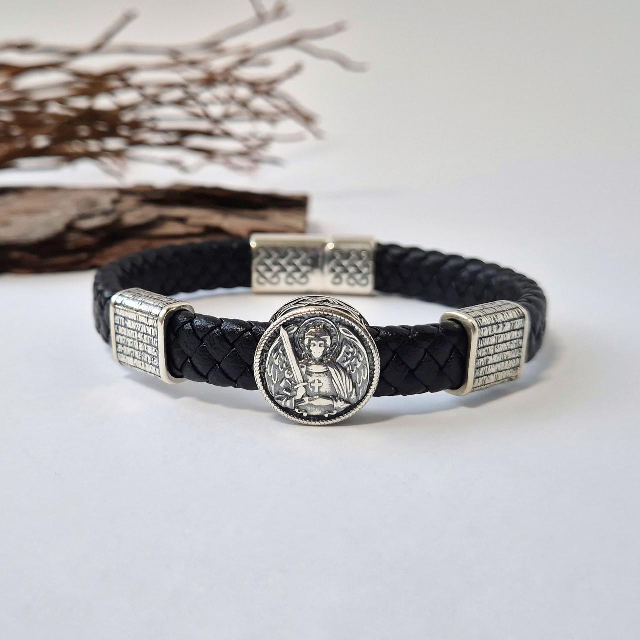 Браслет шкіряний широкий з Архангелом Михайлом та Молитвою срібло 925 проби чорнене 24,79 г 22 см (75330)