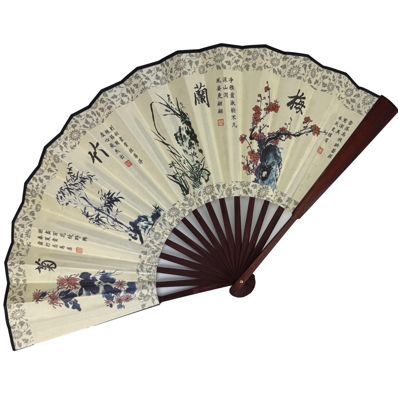 Віяло двостороннє Рослини фен-шуй 33х58 см Сірий (C5936)