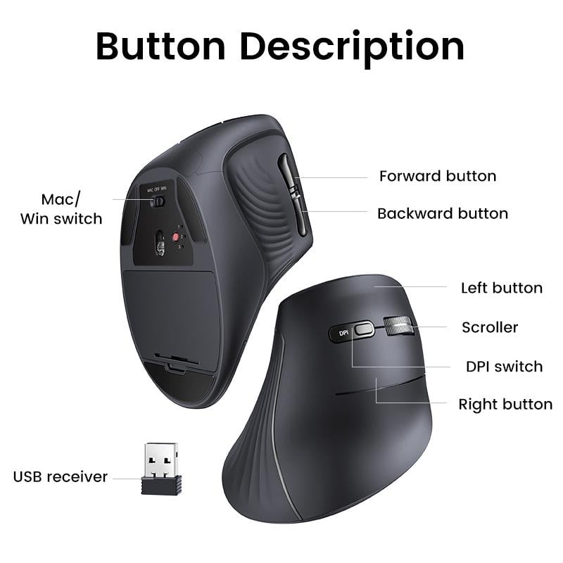 Мышь эргономичная вертикальная компьютерная беспроводная UGREEN MU008 Multi-mode Vertical Mouse Black (25444) - фото 8