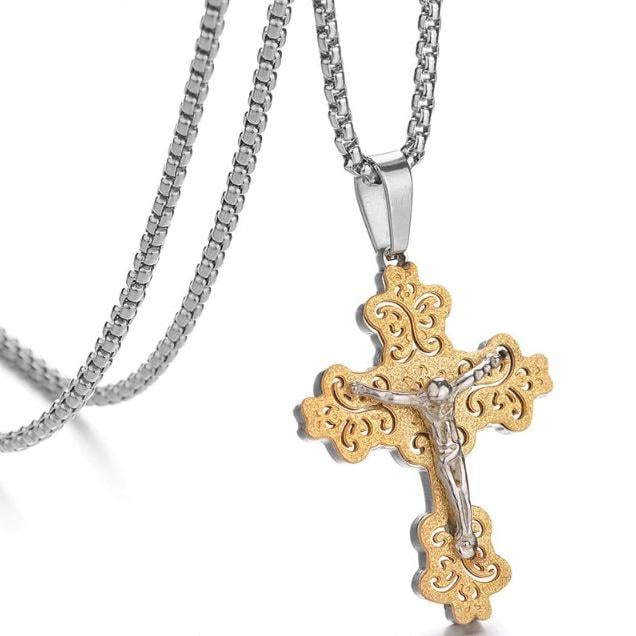 Крестик позолоченный с распятием из медицинской стали (PSC-037)