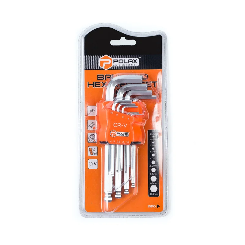 Набір шестигранних ключів Polax Г-подібних з кулею 9 предметів 1,5-10 мм подовжені Cr-V (25-010) - фото 2