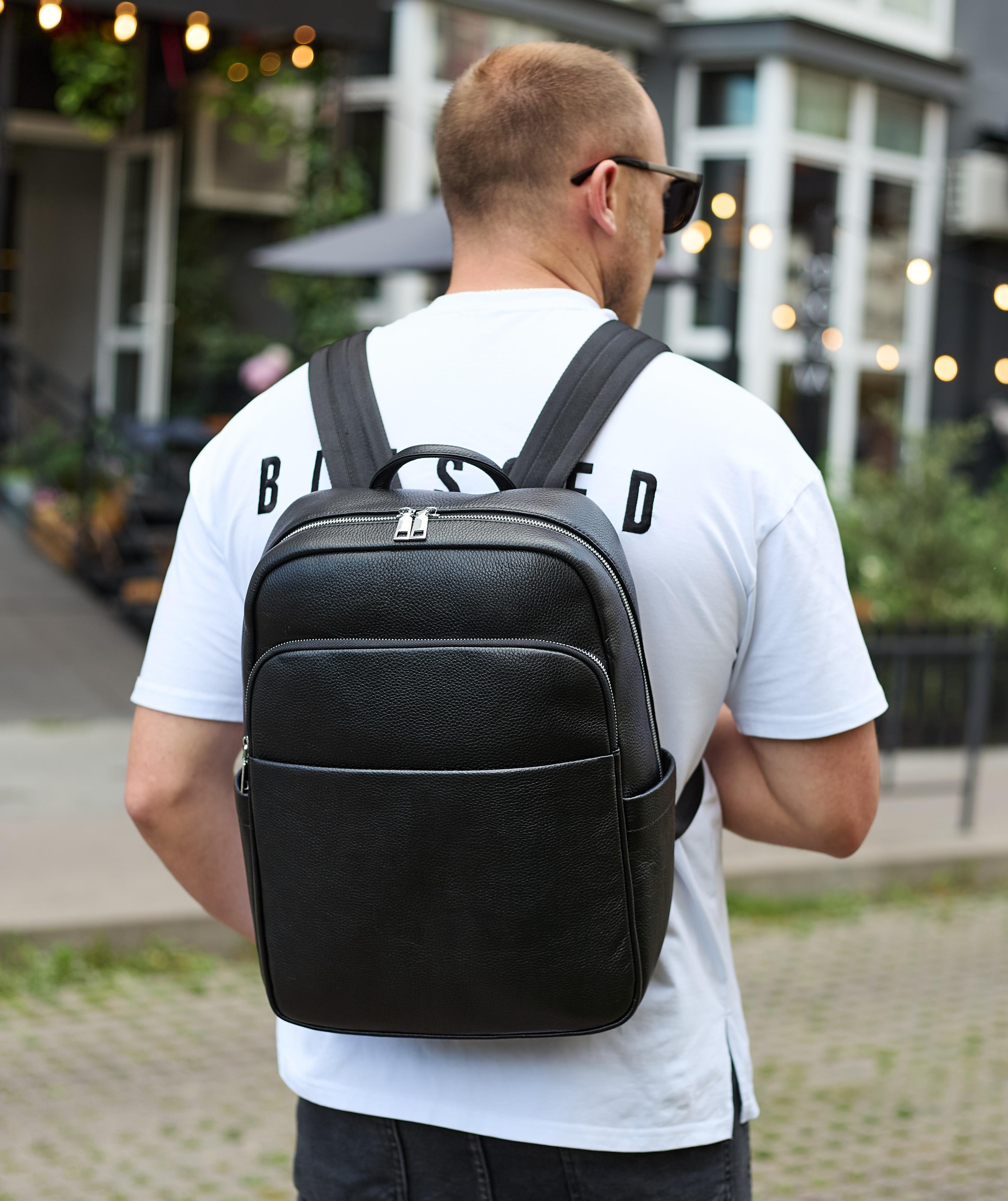 Городской рюкзак мужской кожаный Tiding Bag 41х31х16 см Черный